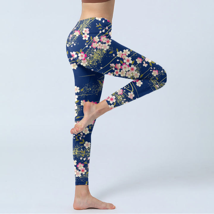 Buddha Stones、ピンク、マゼンタ、花、緑の葉のプリントジムレギンス、レディースヨガパンツ - image 4