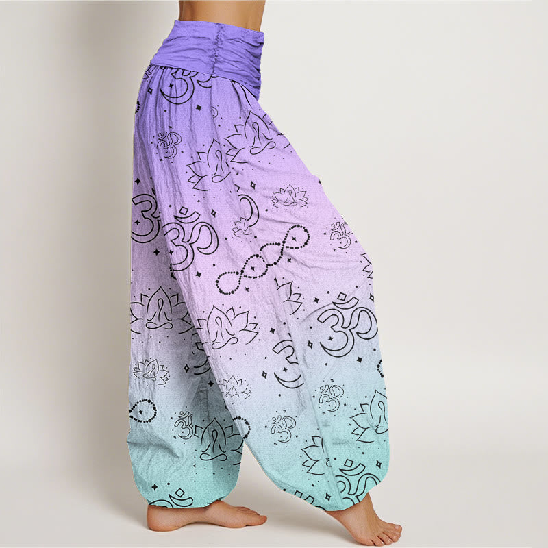 Buddha StonesOMシンボル 蓮 瞑想図 無限大柄 レディース 伸縮性ウエスト ハーレムパンツ - image 3