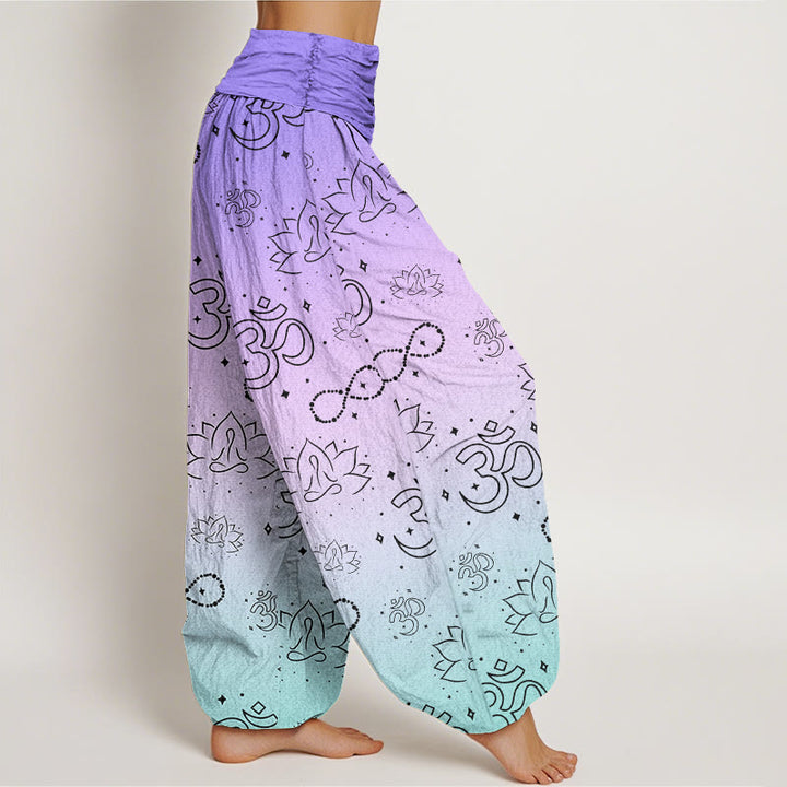 Buddha StonesOMシンボル 蓮 瞑想図 無限大柄 レディース 伸縮性ウエスト ハーレムパンツ - image 3