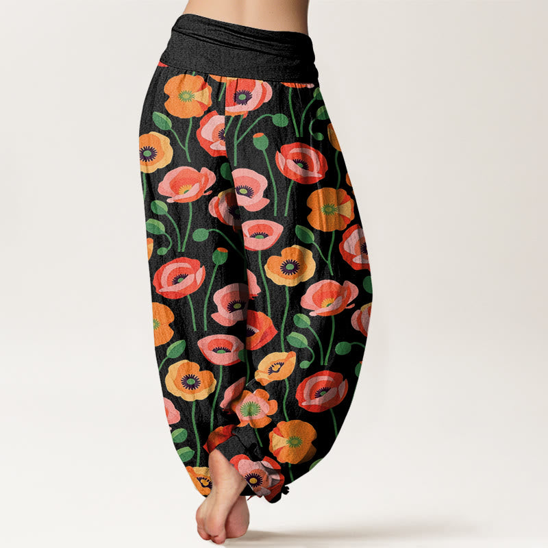 Buddha Stones赤オレンジ花柄 レディース 伸縮性ウエスト ハーレムパンツ - image 2