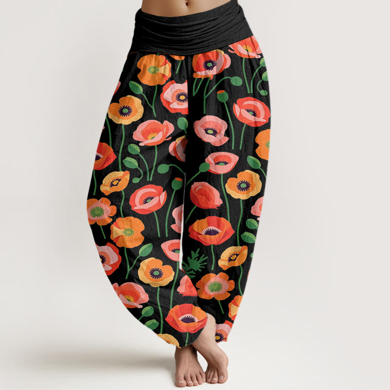 Buddha Stones赤オレンジ花柄 レディース 伸縮性ウエスト ハーレムパンツ - 黒 - US22、 UK/AU26、 EU54 (6XL) - image 1