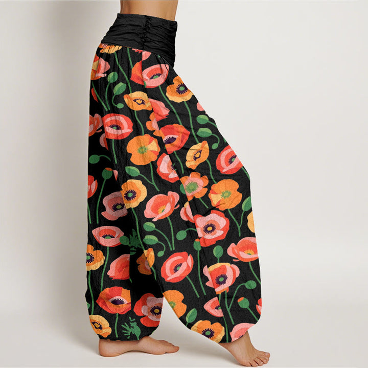 Buddha Stones赤オレンジ花柄 レディース 伸縮性ウエスト ハーレムパンツ - image 3