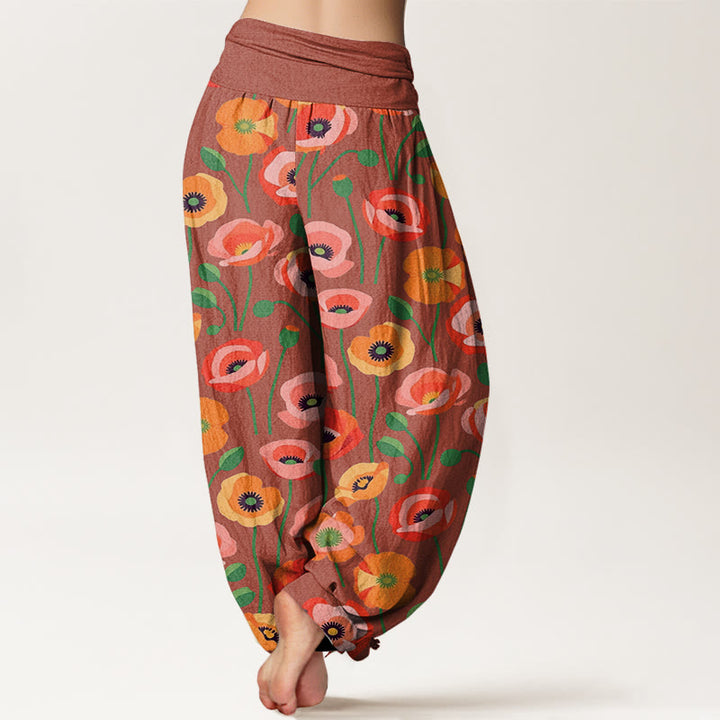 Buddha Stones赤オレンジ花柄 レディース 伸縮性ウエスト ハーレムパンツ - image 6
