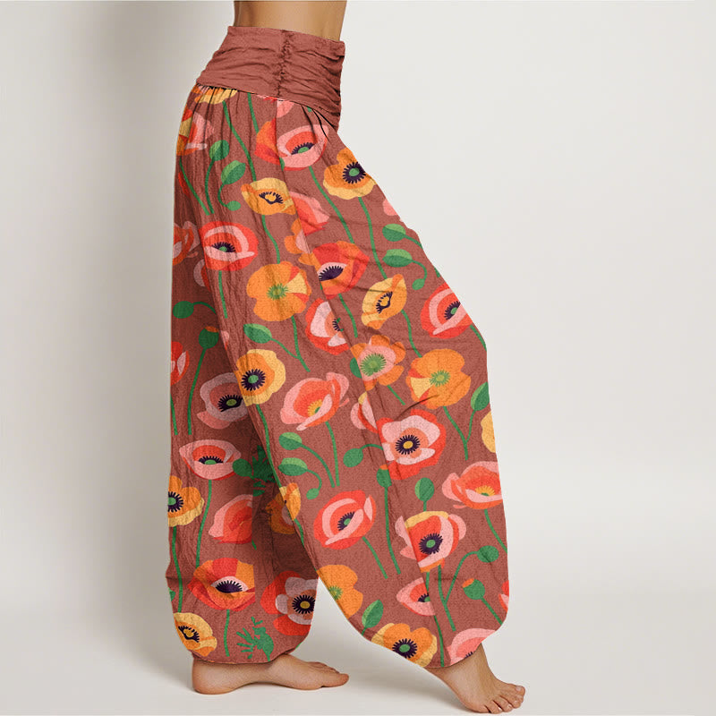 Buddha Stones赤オレンジ花柄 レディース 伸縮性ウエスト ハーレムパンツ - image 7