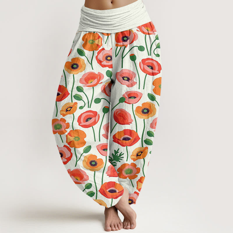 Buddha Stones赤オレンジ花柄 レディース 伸縮性ウエスト ハーレムパンツ - ベージュ - US22、 UK/AU26、 EU54 (6XL) - image 8