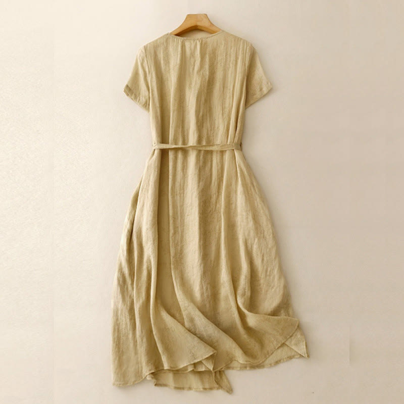 Buddha Stones夏 Vネック レースアップ 半袖 コットンリネン レディース ミディドレス ポケット付き - image 1