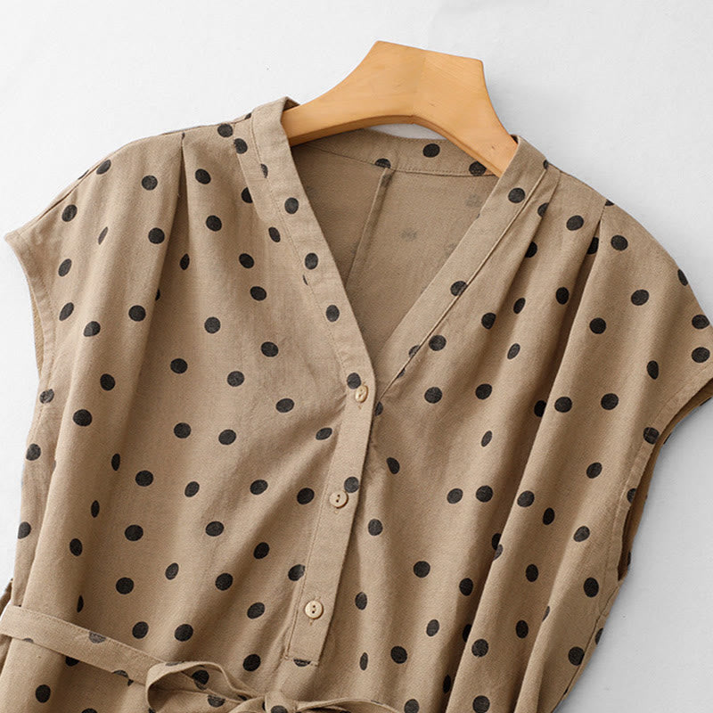 Buddha Stonesサマー ドット柄 Vネック レースアップ コットンリネン レディース ミディドレス ポケット付き - image 1