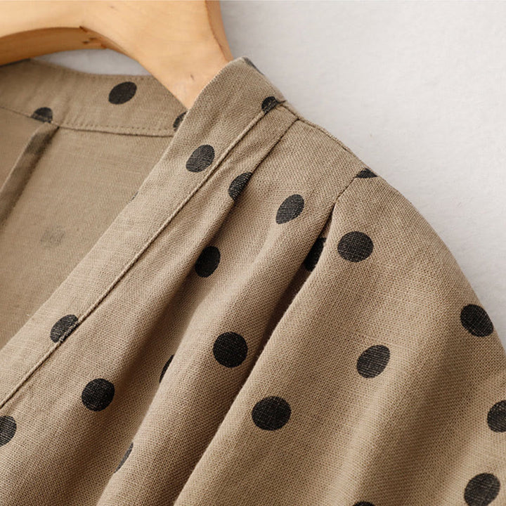 Buddha Stonesサマー ドット柄 Vネック レースアップ コットンリネン レディース ミディドレス ポケット付き - image 2