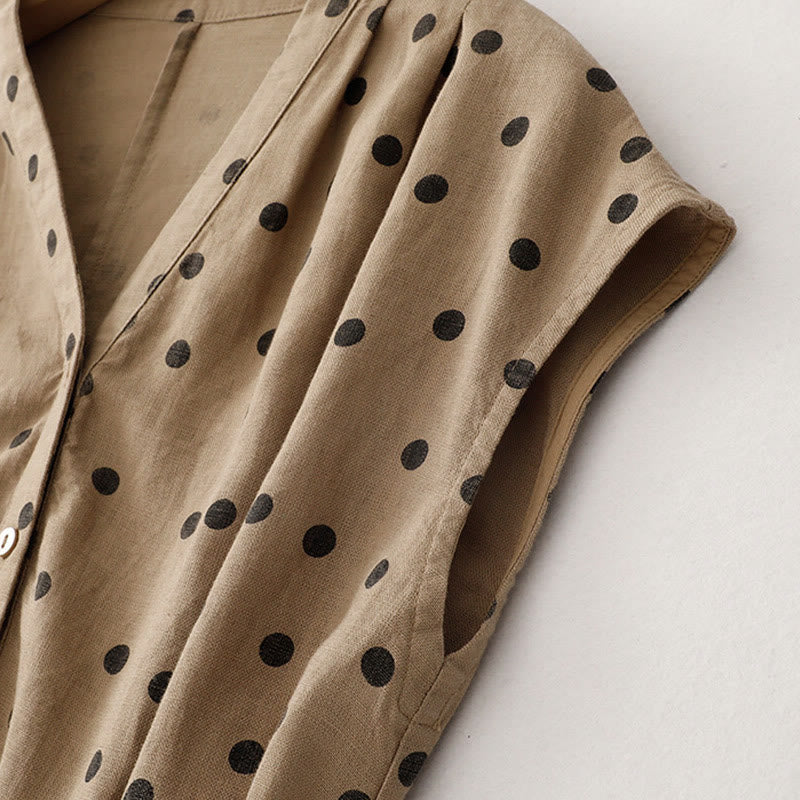 Buddha Stonesサマー ドット柄 Vネック レースアップ コットンリネン レディース ミディドレス ポケット付き - image 3