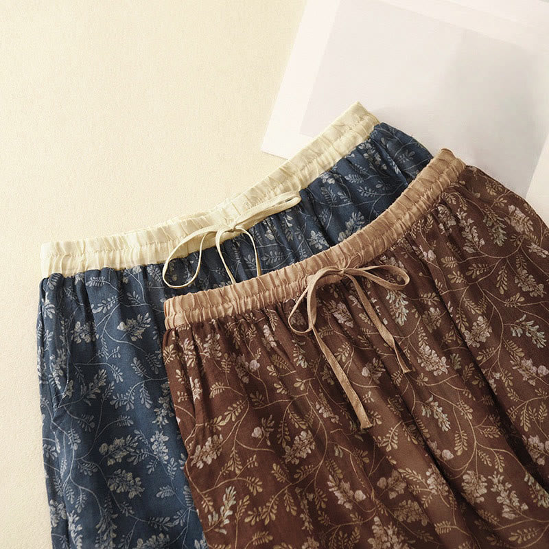 Buddha Stones花柄 Aライン ゴムウエスト コットンリネン レディース スカート ポケット付き - image 10