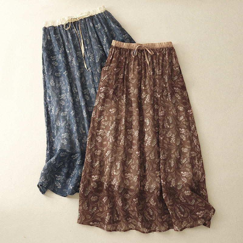 Buddha Stones花柄 Aライン ゴムウエスト コットンリネン レディース スカート ポケット付き