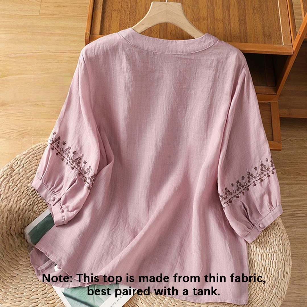 Buddha Stonesシンメトリー刺繍 コットン レディース クルーネック シャツ - image 8