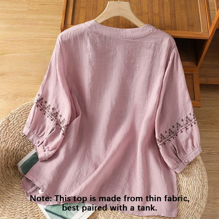 Buddha Stonesシンメトリー刺繍 コットン レディース クルーネック シャツ - image 8