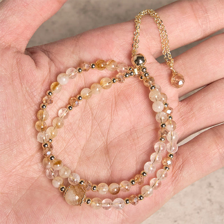 Buddha Stones天然シトリン ピンククリスタルビーズ 喜びと創造性 二重層ブレスレット