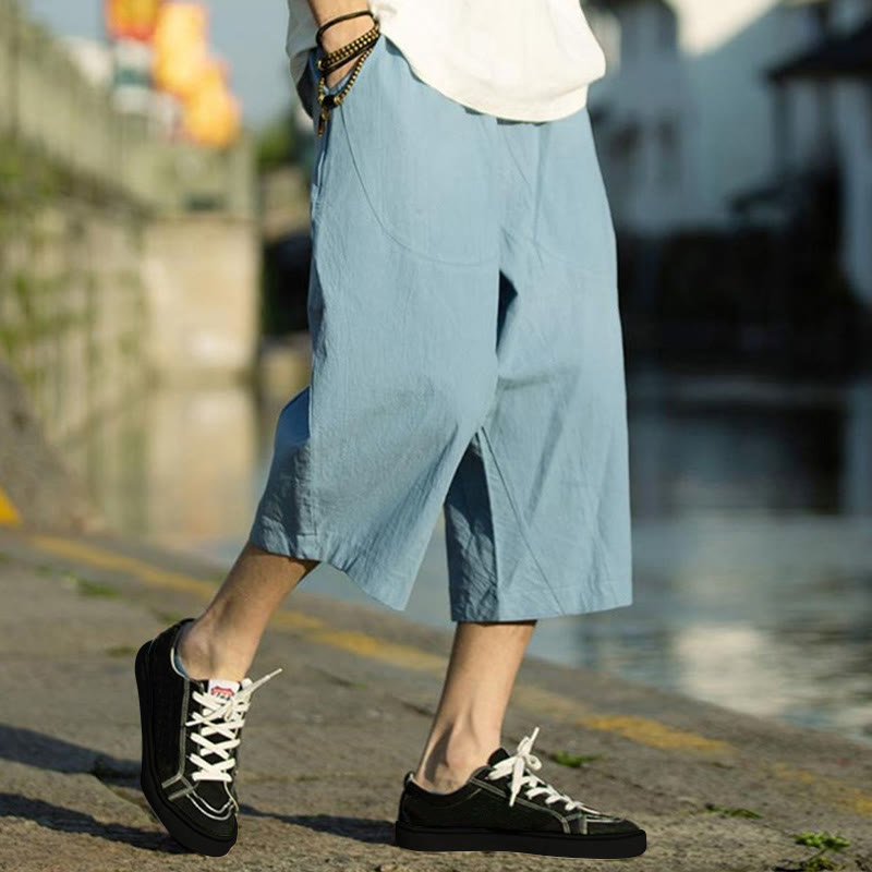 Buddha Stonesサマープレーンプリーツデザイン ドローストリング メンズ 7-8丈 コットンリネンパンツ ポケット付き - ディープスカイブルー - US/UK/AU46、 EU56 (5XL) - image 29