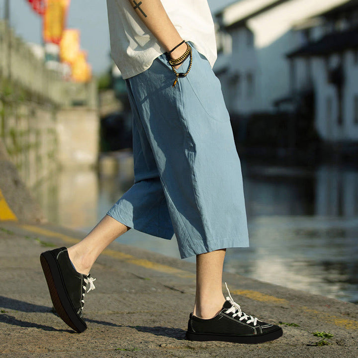 Buddha Stonesサマープレーンプリーツデザイン ドローストリング メンズ 7-8丈 コットンリネンパンツ ポケット付き - image 32