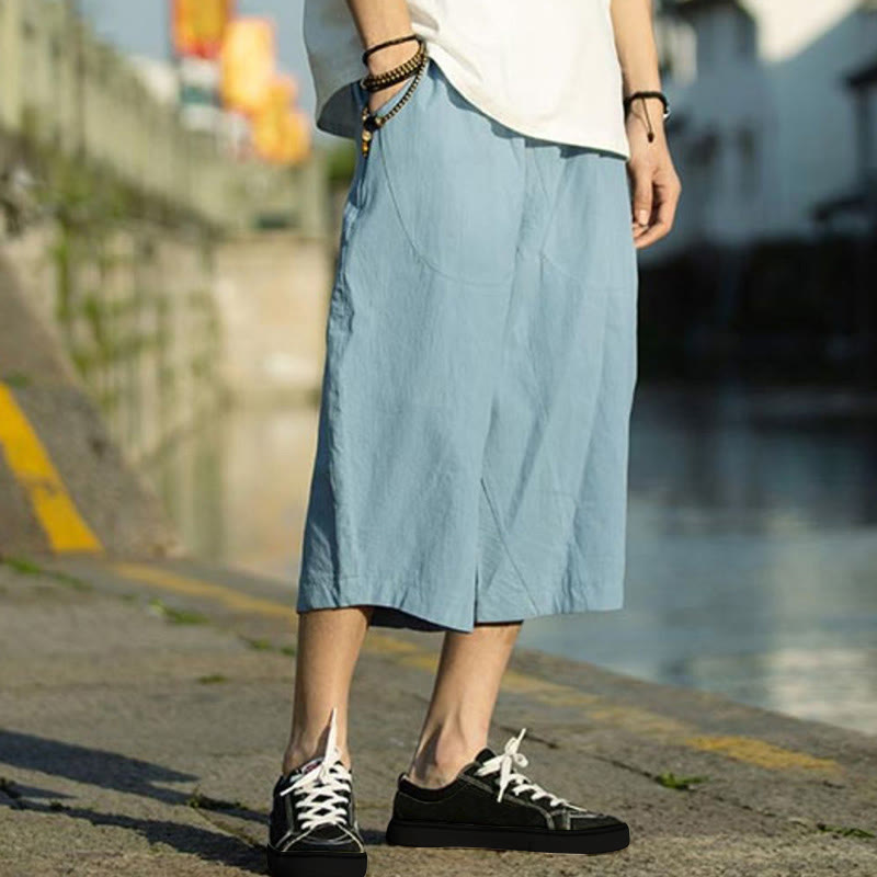 Buddha Stonesサマープレーンプリーツデザイン ドローストリング メンズ 7-8丈 コットンリネンパンツ ポケット付き - image 30