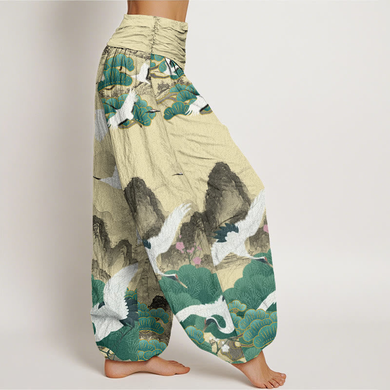 Buddha Stones、カジュアル、鶴、緑の松の木、風景柄、レディースハーレムパンツ - image 10