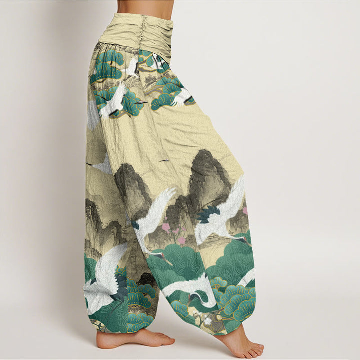 Buddha Stones、カジュアル、鶴、緑の松の木、風景柄、レディースハーレムパンツ - image 10
