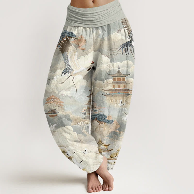 Buddha Stones、カジュアル、鶴、雲、塔柄、レディースハーレムパンツ - ダークシーグリーン - US22、 UK/AU26、 EU54 (6XL) - image 1