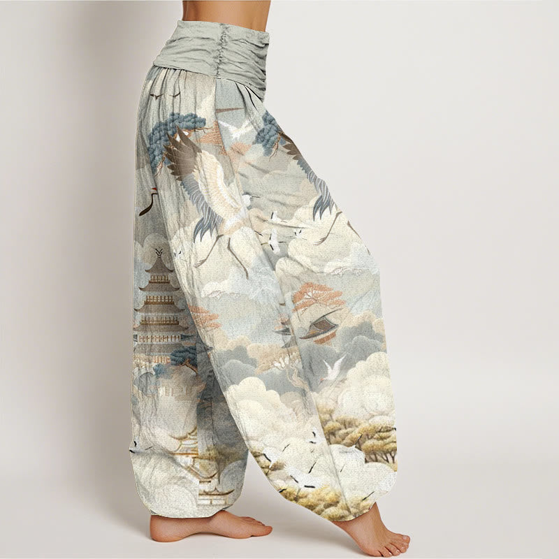 Buddha Stones、カジュアル、鶴、雲、塔柄、レディースハーレムパンツ - image 3