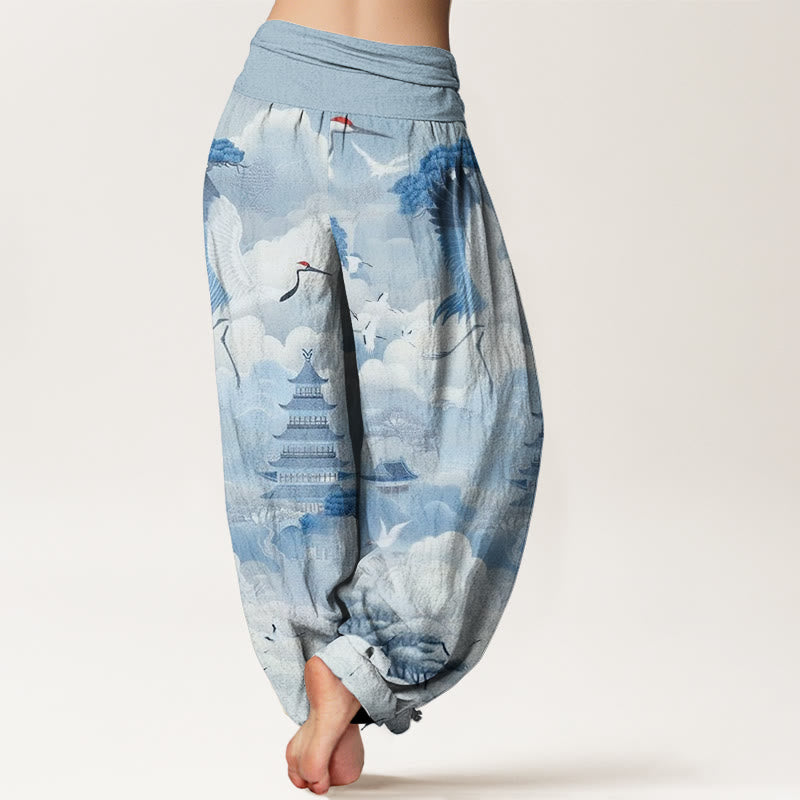 Buddha Stones、カジュアル、鶴、雲、塔柄、レディースハーレムパンツ - image 6