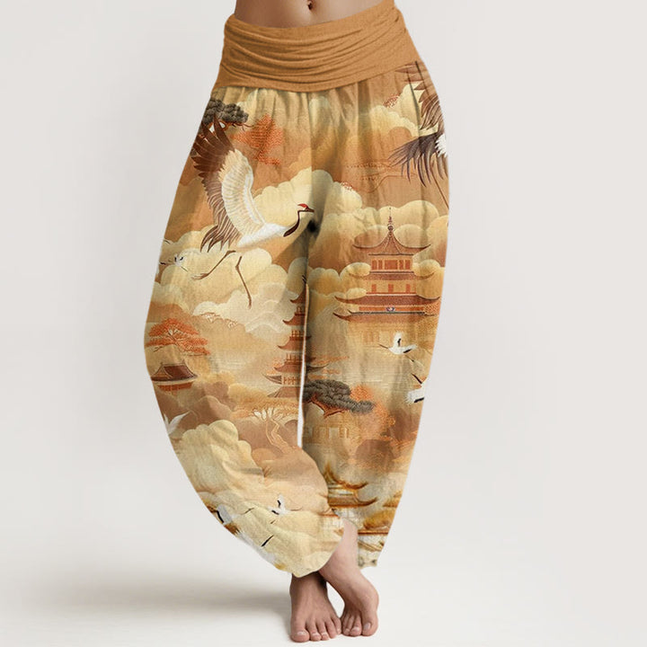 Buddha Stones、カジュアル、鶴、雲、塔柄、レディースハーレムパンツ - ゴールデンロッド - US22、 UK/AU26、 EU54 (6XL) - image 8