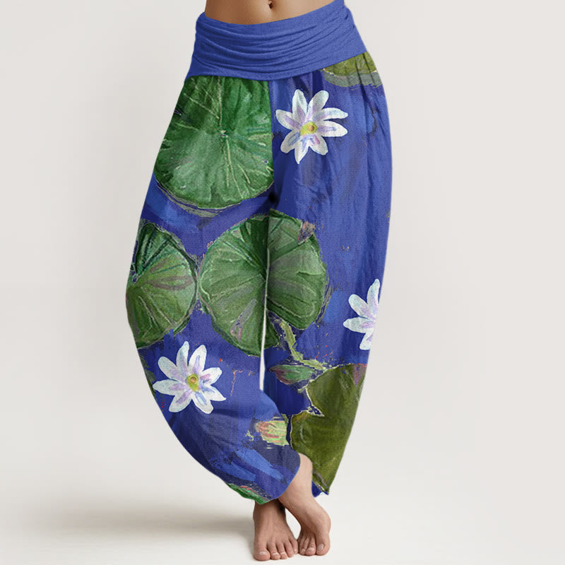 Buddha Stonesカジュアルグリーン蓮の葉と白い花柄レディースハーレムパンツ - スレートブルー - US22、 UK/AU26、 EU54 (6XL) - image 1