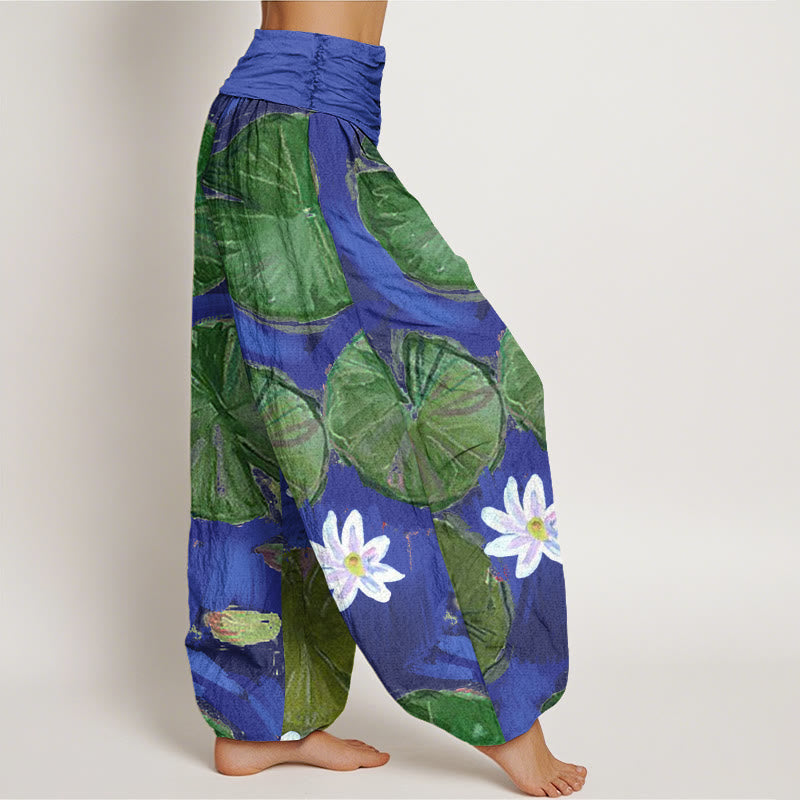 Buddha Stonesカジュアルグリーン蓮の葉と白い花柄レディースハーレムパンツ - image 3
