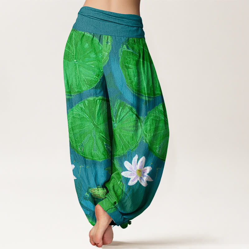 Buddha Stonesカジュアルグリーン蓮の葉と白い花柄レディースハーレムパンツ - image 6