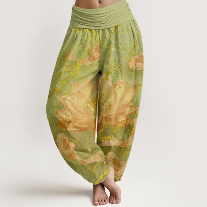Buddha Stonesカジュアル 蓮の花鯉柄 レディース ハーレムパンツ - グリーンイエロー - US22、 UK/AU26、 EU54 (6XL) - image 8