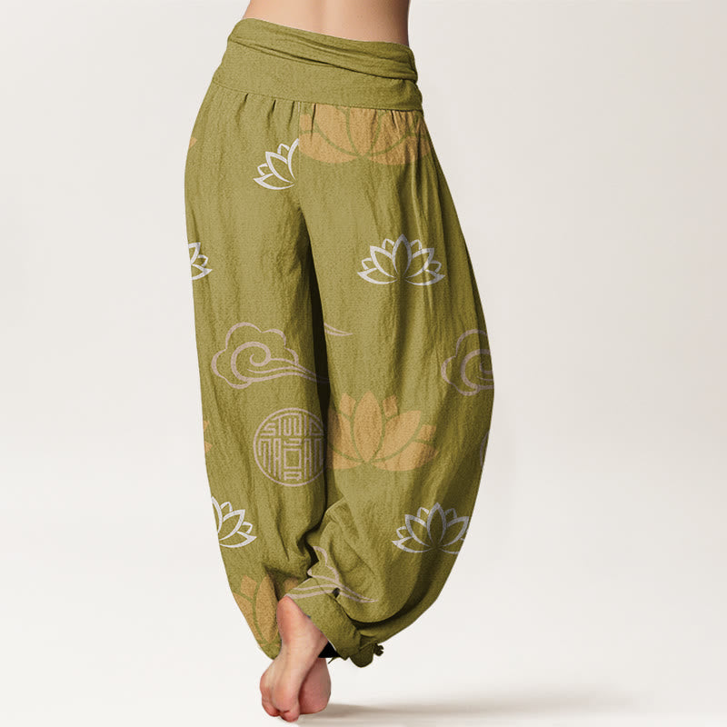 Buddha Stones、カジュアル、蓮の花、ランタン、雲柄、レディースハーレムパンツ - image 2
