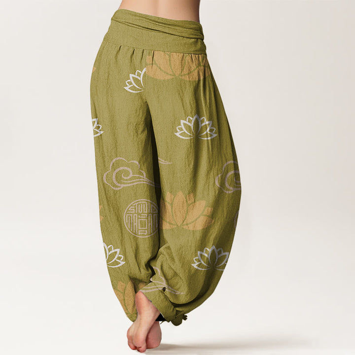 Buddha Stones、カジュアル、蓮の花、ランタン、雲柄、レディースハーレムパンツ - image 2