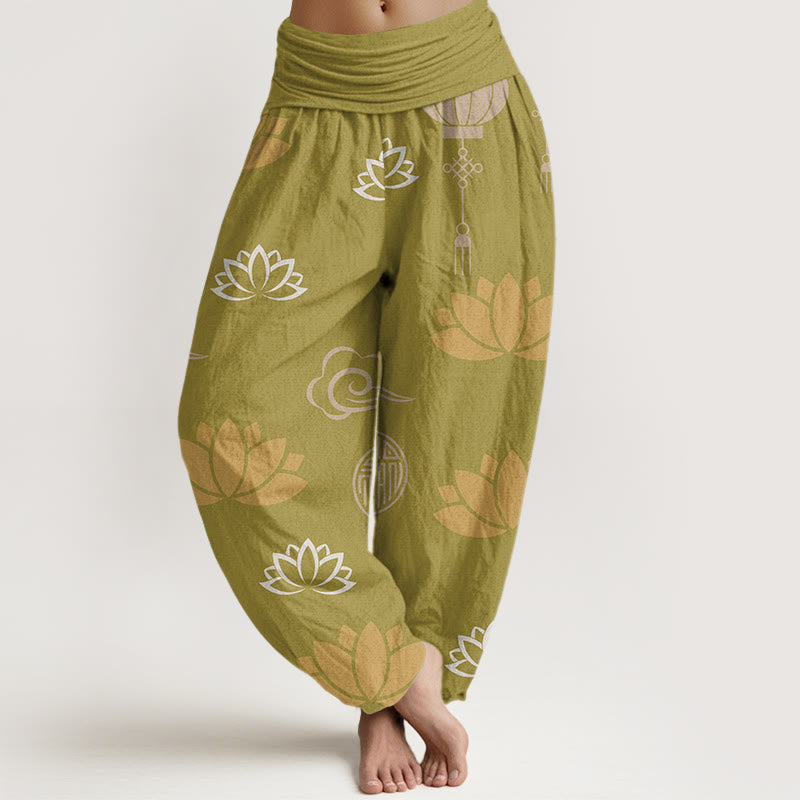 Buddha Stones、カジュアル、蓮の花、ランタン、雲柄、レディースハーレムパンツ - ゴールデンロッド - US22、 UK/AU26、 EU54 (6XL) - image 1