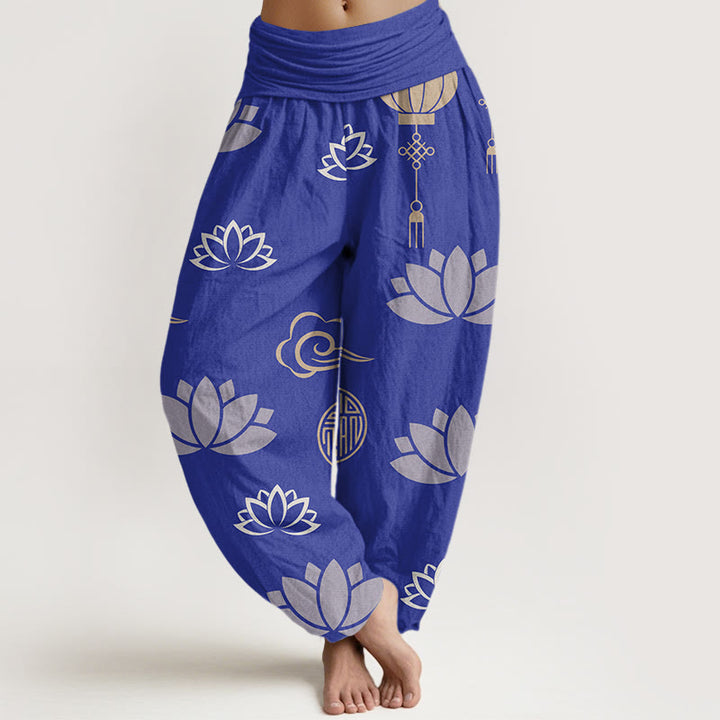 Buddha Stones、カジュアル、蓮の花、ランタン、雲柄、レディースハーレムパンツ - スレートブルー - US22、 UK/AU26、 EU54 (6XL) - image 5