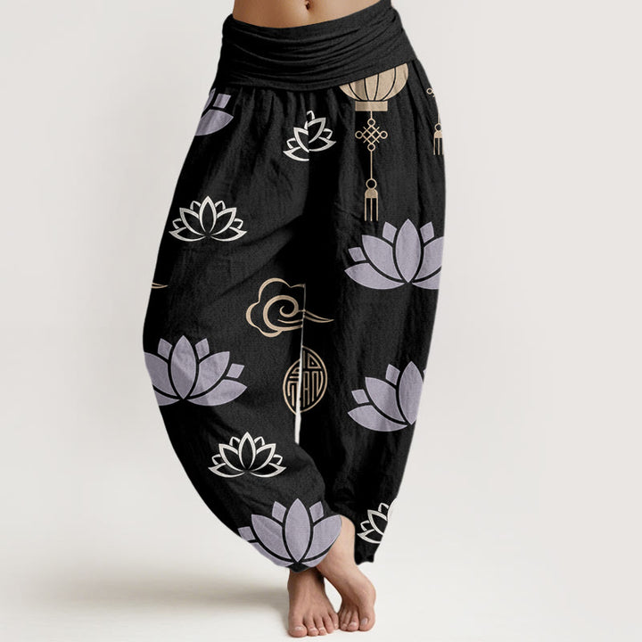 Buddha Stones、カジュアル、蓮の花、ランタン、雲柄、レディースハーレムパンツ - 黒 - US22、 UK/AU26、 EU54 (6XL) - image 8