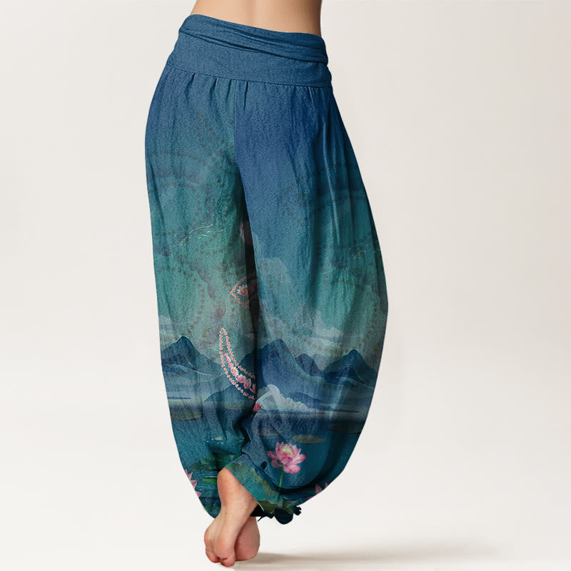 Buddha Stones、カジュアルな蓮の花、オームシンボル、山、湖柄、レディースハーレムパンツ - image 2