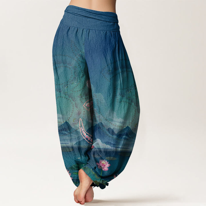 Buddha Stones、カジュアルな蓮の花、オームシンボル、山、湖柄、レディースハーレムパンツ - image 2