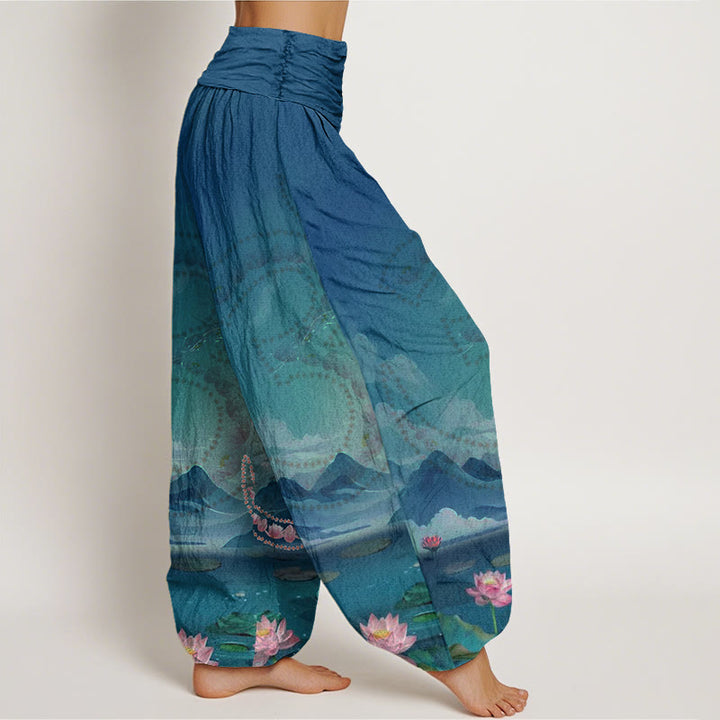 Buddha Stones、カジュアルな蓮の花、オームシンボル、山、湖柄、レディースハーレムパンツ - image 3