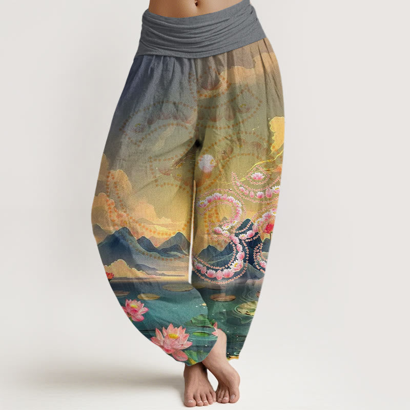 Buddha Stones、カジュアルな蓮の花、オームシンボル、山、湖柄、レディースハーレムパンツ - グレー - US22、 UK/AU26、 EU54 (6XL) - image 5