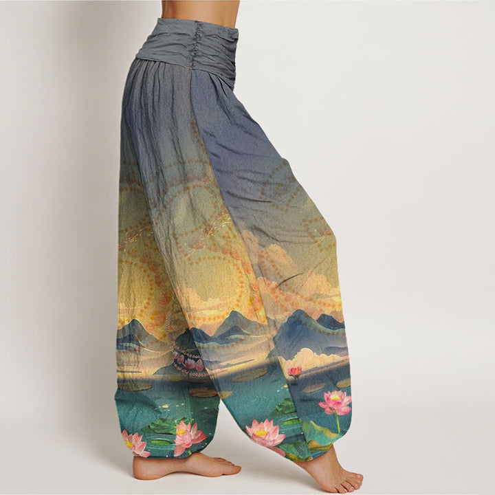 Buddha Stones、カジュアルな蓮の花、オームシンボル、山、湖柄、レディースハーレムパンツ - image 7