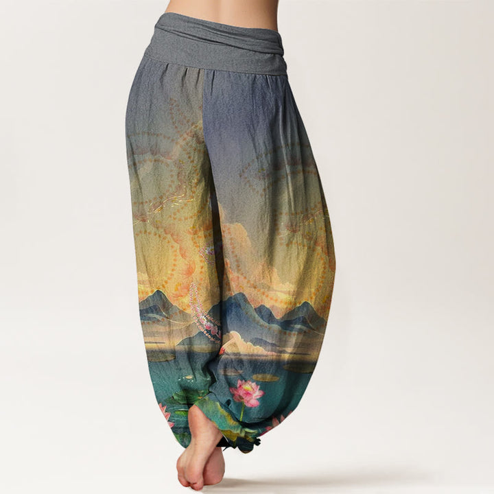 Buddha Stones、カジュアルな蓮の花、オームシンボル、山、湖柄、レディースハーレムパンツ - image 6