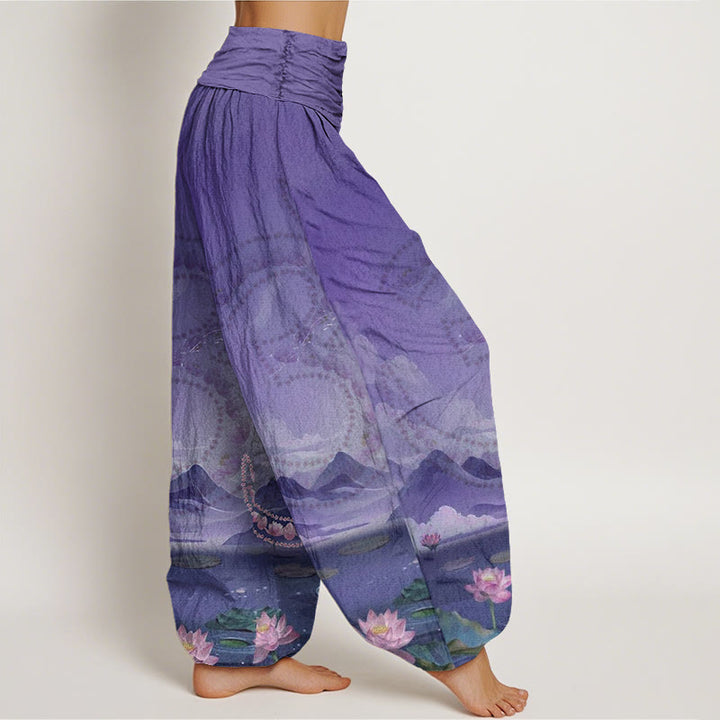 Buddha Stones、カジュアルな蓮の花、オームシンボル、山、湖柄、レディースハーレムパンツ - image 10