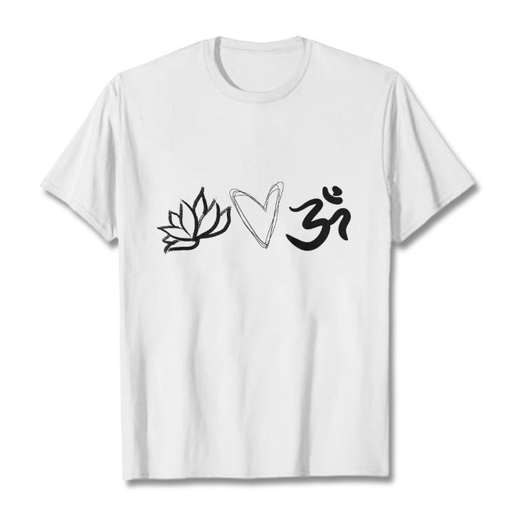 Buddha Stonesカジュアル ロータス ハート柄 オムシンボル サンスクリット コットンTシャツ - 白 - 2XL - image 8