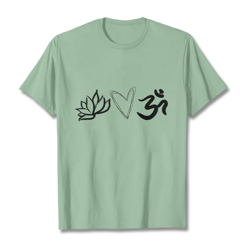 Buddha Stonesカジュアル ロータス ハート柄 オムシンボル サンスクリット コットンTシャツ - ペールグリーン - 2XL - image 15