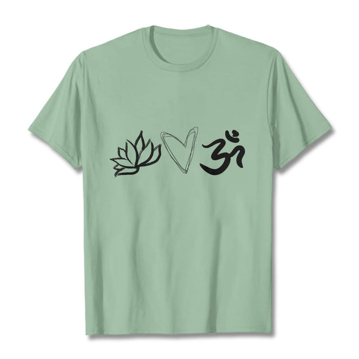 Buddha Stonesカジュアル ロータス ハート柄 オムシンボル サンスクリット コットンTシャツ - ペールグリーン - 2XL - image 15