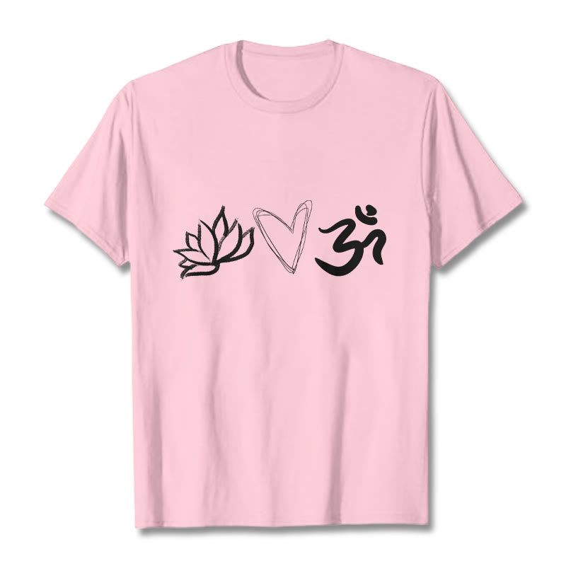 Buddha Stonesカジュアル ロータス ハート柄 オムシンボル サンスクリット コットンTシャツ - ライトピンク - 2XL - image 13