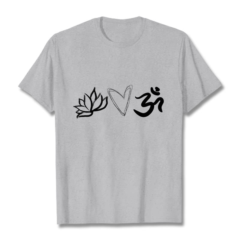 Buddha Stonesカジュアル ロータス ハート柄 オムシンボル サンスクリット コットンTシャツ - ライトグレー - 2XL - image 20