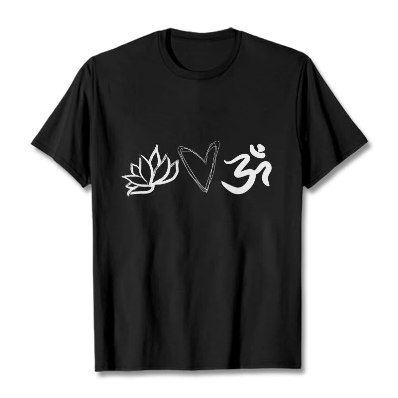 Buddha Stonesカジュアル ロータス ハート柄 オムシンボル サンスクリット コットンTシャツ - 黒 - 2XL - image 4