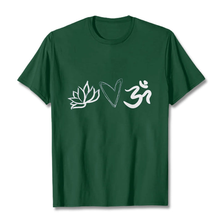 Buddha Stonesカジュアル ロータス ハート柄 オムシンボル サンスクリット コットンTシャツ - フォレストグリーン - 2XL - image 1